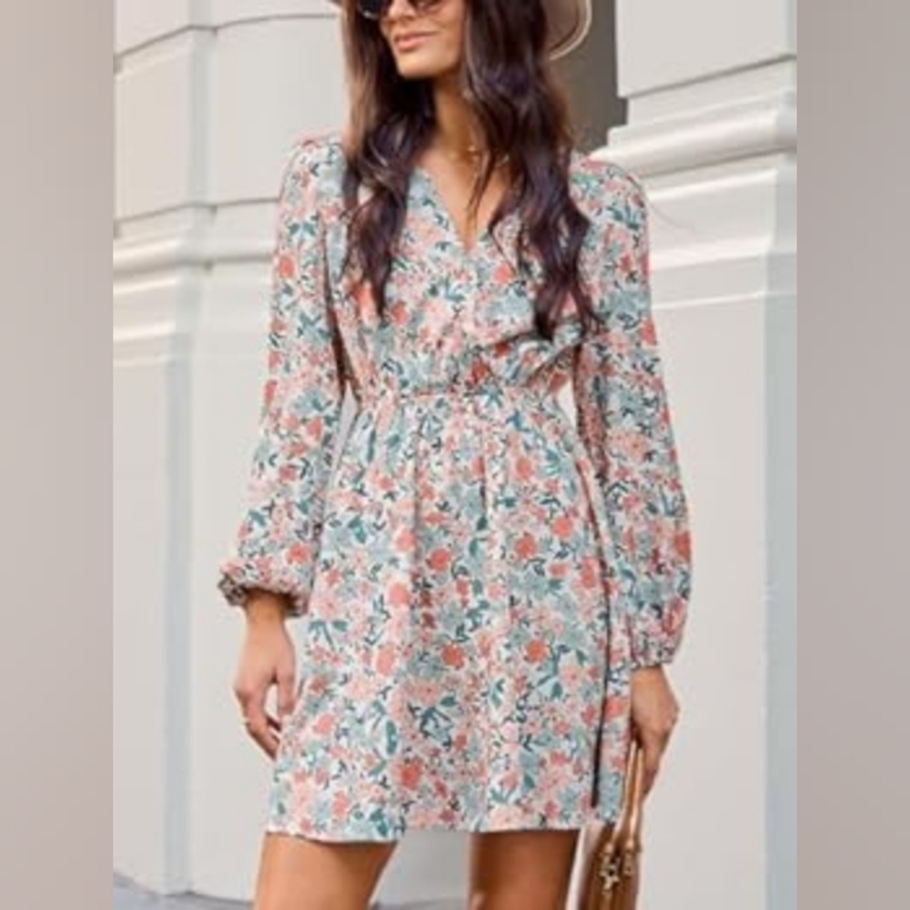 Women's Cottage Core Prarie Floral Dress Long Sleeve Elastic Waist Size Large
